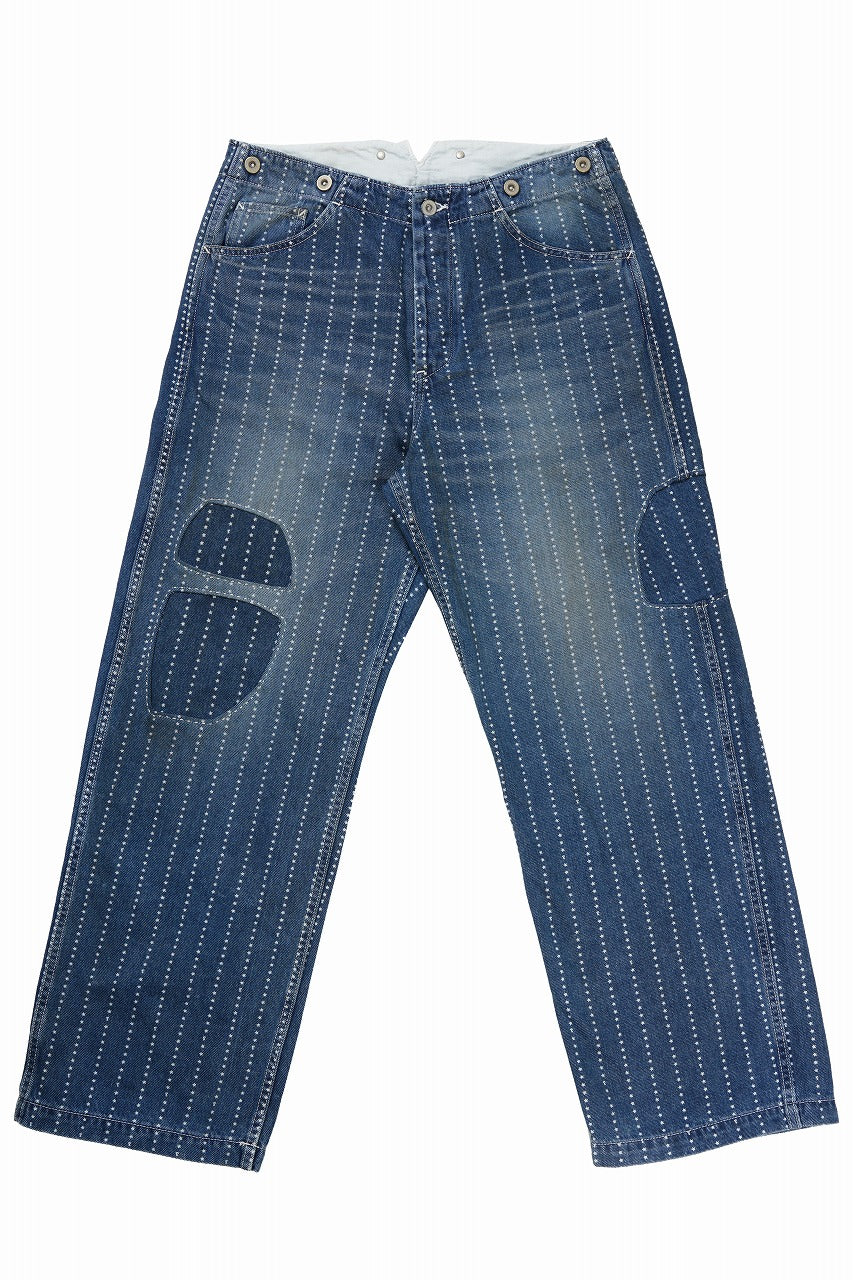 Load image into Gallery viewer, FULLCOUNT WABASH WORKERS PANTS / INDIGO DYED DRILL with WASH STAR STRIPE (INDIGO / HAND ONE WASHED)