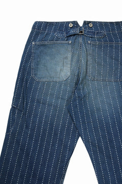 Load image into Gallery viewer, FULLCOUNT WABASH WORKERS PANTS / INDIGO DYED DRILL with WASH STAR STRIPE (INDIGO / HAND ONE WASHED)