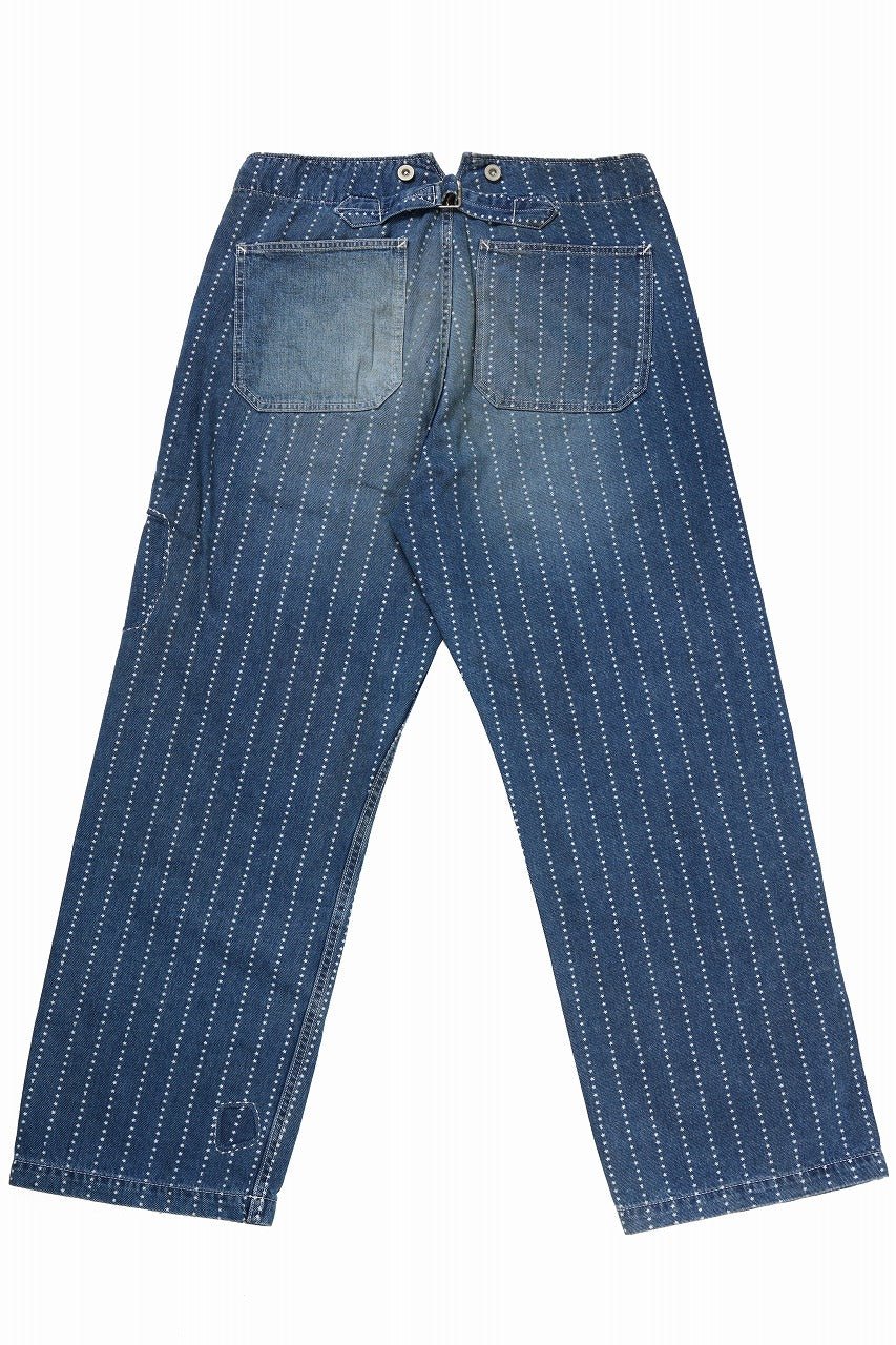 Load image into Gallery viewer, FULLCOUNT WABASH WORKERS PANTS / INDIGO DYED DRILL with WASH STAR STRIPE (INDIGO / HAND ONE WASHED)