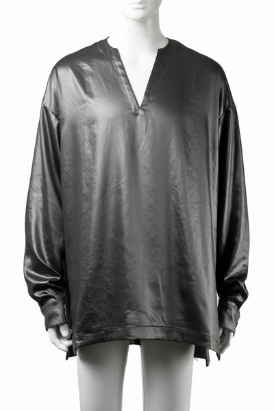 A.F ARTEFACT COLLARLESS SHIRT TOPS / SOFT SATIN (DARK GREY)
