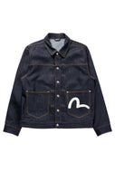 EVISU HT, ECRU SEAGULL PRINTED DENIM JACKET-RELAX FIT (RAW INDIGO)