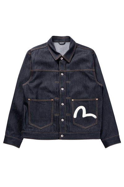 EVISU HT, ECRU SEAGULL PRINTED DENIM JACKET-RELAX FIT (RAW INDIGO)