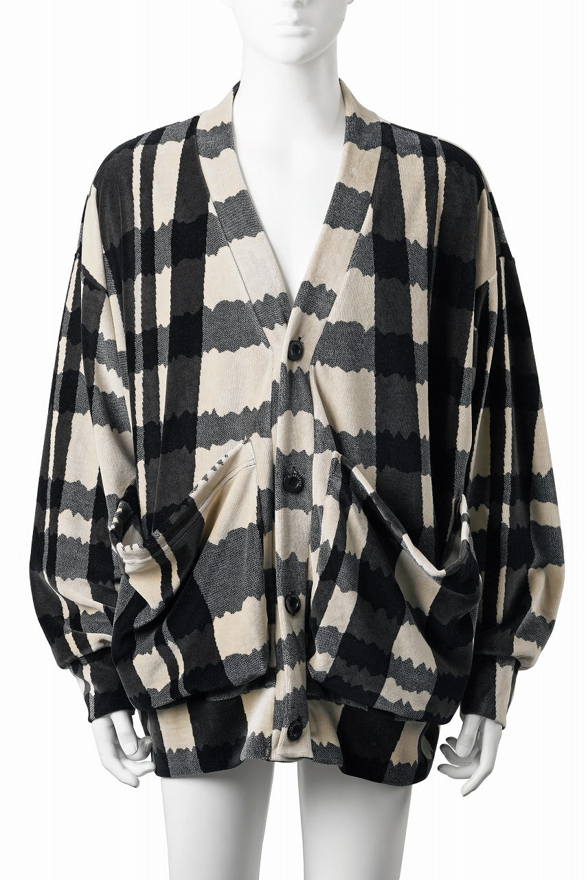 画像をギャラリービューアに読み込む, A.F ARTEFACT JUMBO CARDIGAN / JACQUARD DEFORMED PLAID VELOR (BLACK x GREY x IVORY)