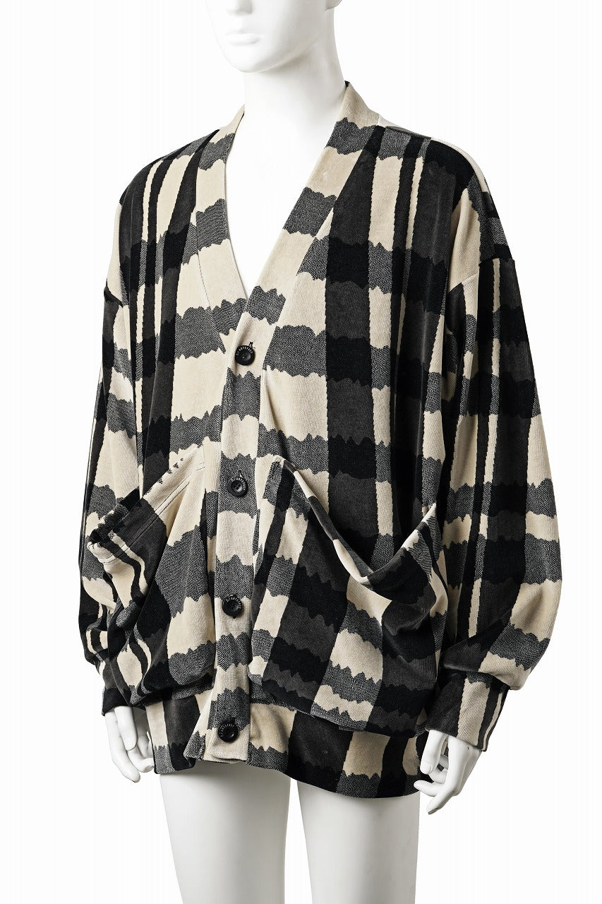 画像をギャラリービューアに読み込む, A.F ARTEFACT JUMBO CARDIGAN / JACQUARD DEFORMED PLAID VELOR (BLACK x GREY x IVORY)