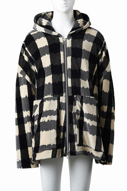 A.F ARTEFACT DOLMAN HOODED ZIP / JACQUARD DEFORMED PLAID VELOR (BLACK x GREY x IVORY)