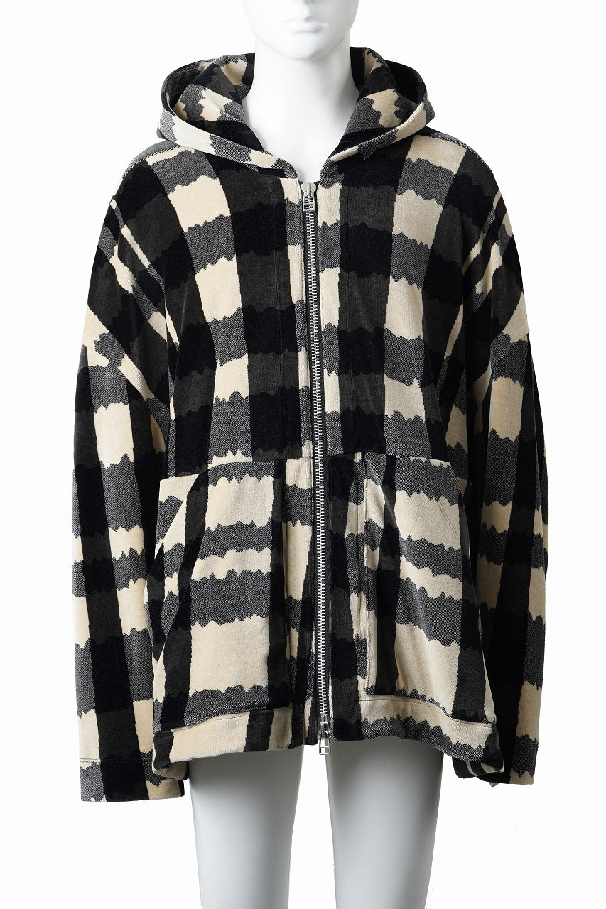 A.F ARTEFACT DOLMAN HOODED ZIP / JACQUARD DEFORMED PLAID VELOR (BLACK x GREY x IVORY)