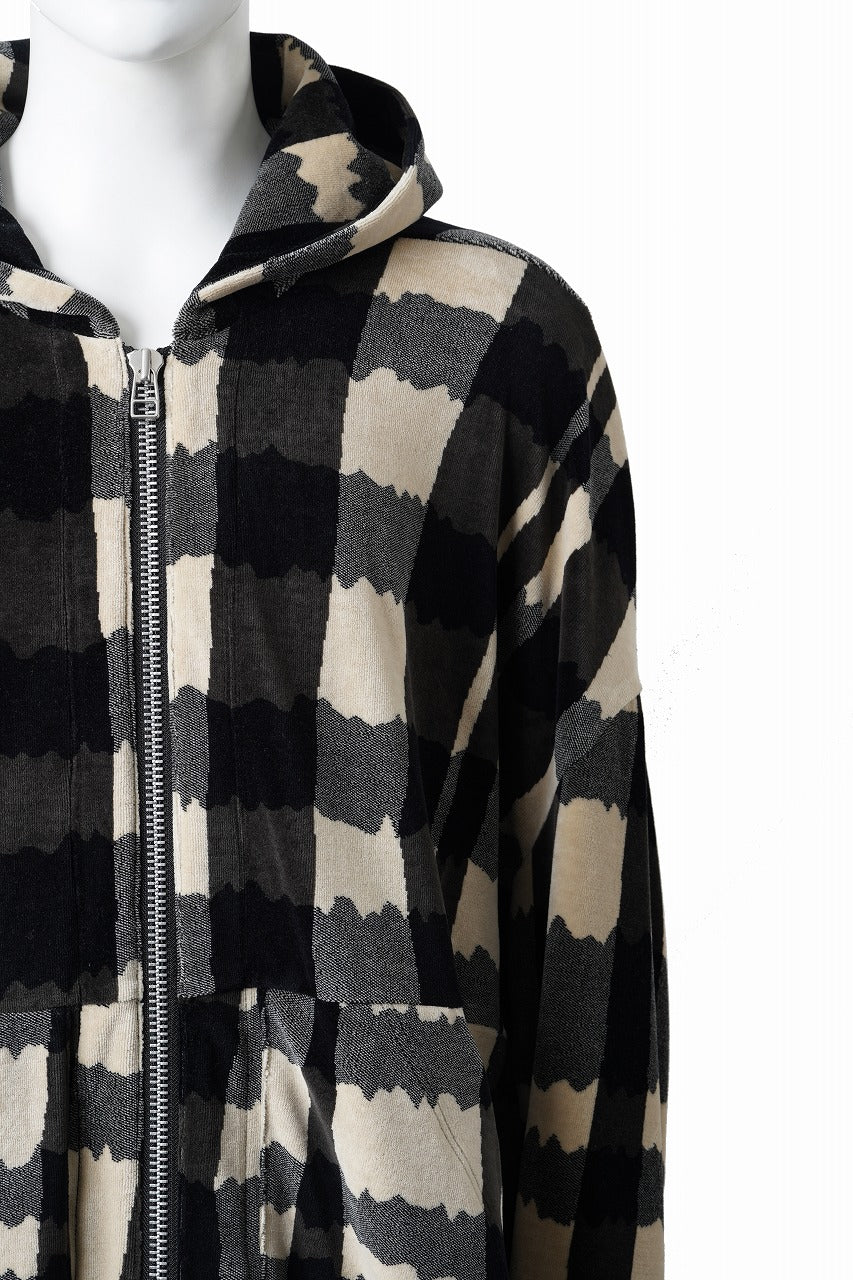 画像をギャラリービューアに読み込む, A.F ARTEFACT DOLMAN HOODED ZIP / JACQUARD DEFORMED PLAID VELOR (BLACK x GREY x IVORY)