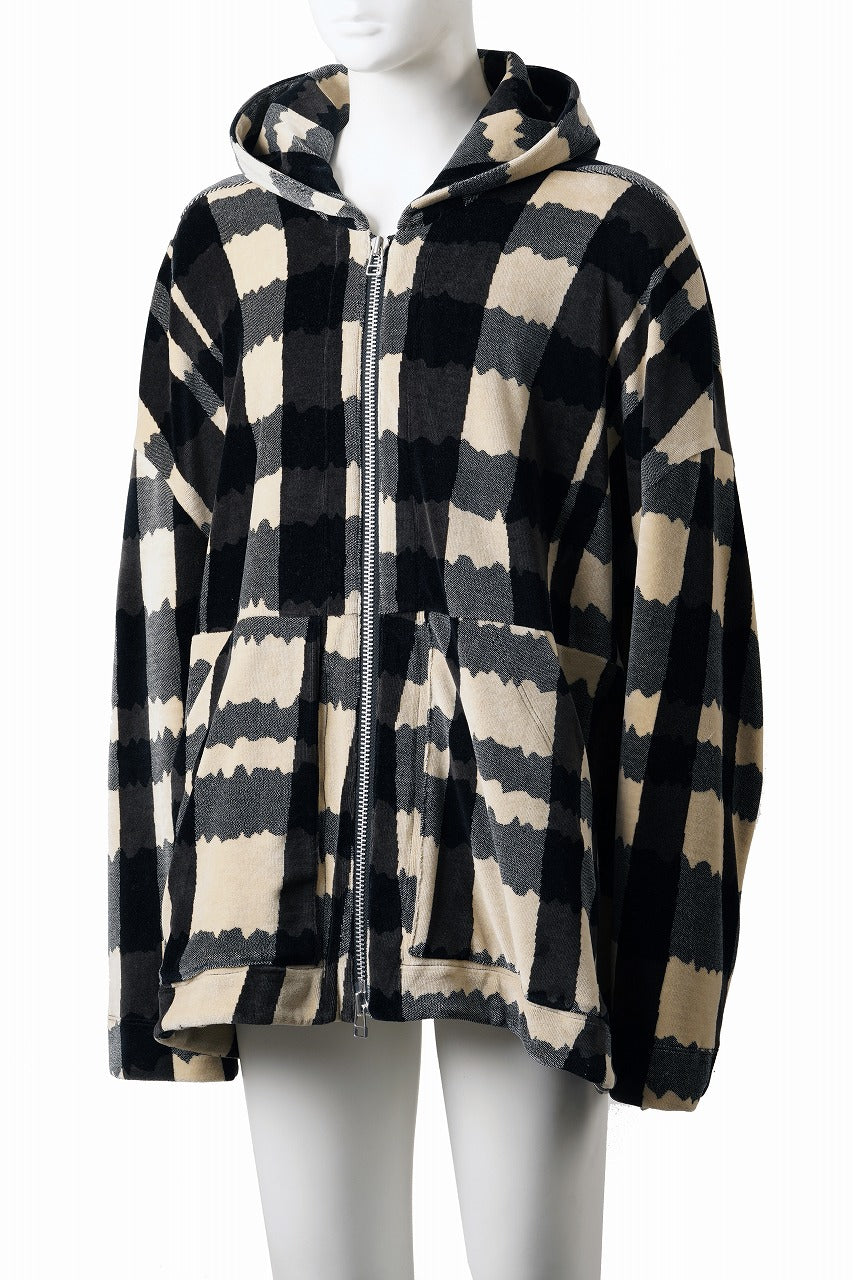 画像をギャラリービューアに読み込む, A.F ARTEFACT DOLMAN HOODED ZIP / JACQUARD DEFORMED PLAID VELOR (BLACK x GREY x IVORY)