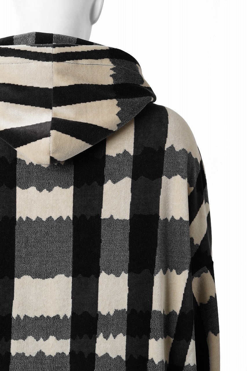 画像をギャラリービューアに読み込む, A.F ARTEFACT DOLMAN HOODED ZIP / JACQUARD DEFORMED PLAID VELOR (BLACK x GREY x IVORY)