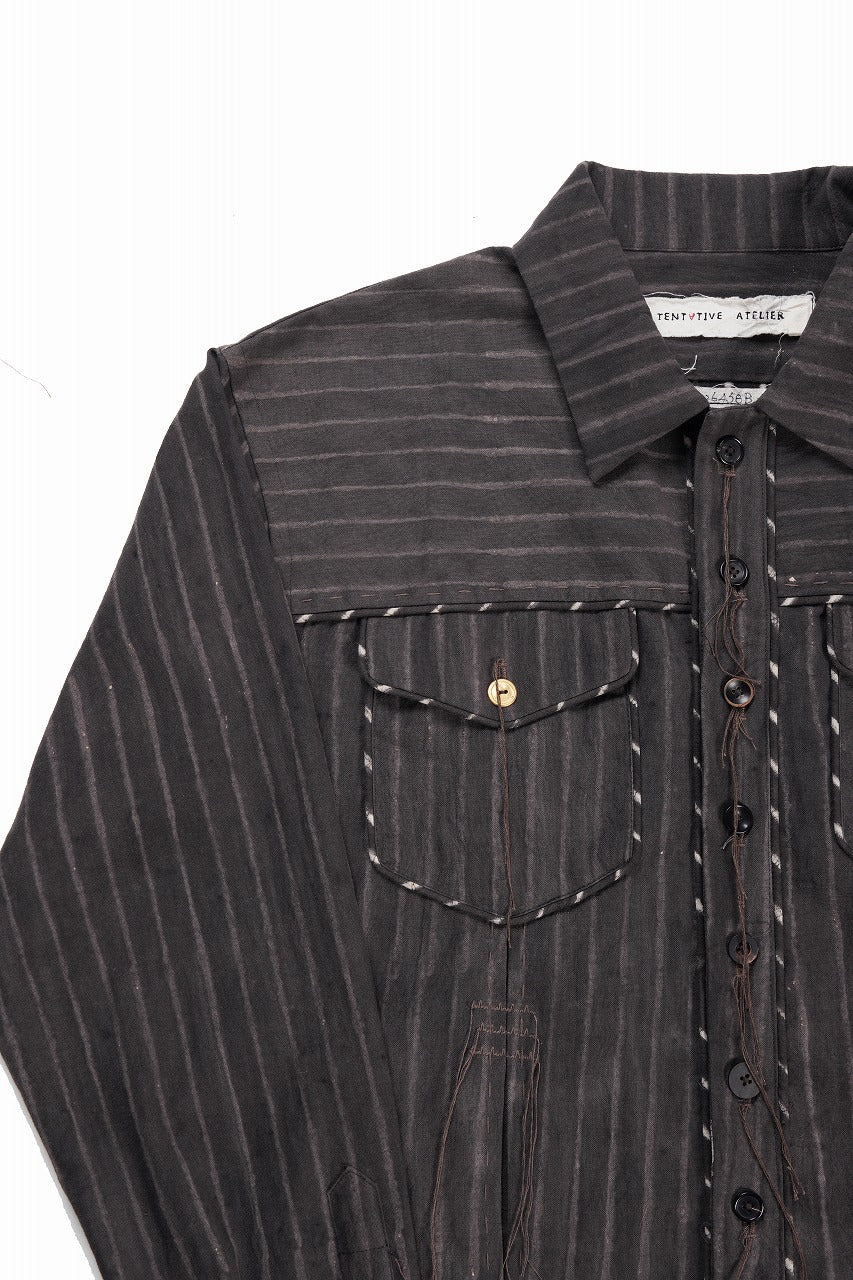 画像をギャラリービューアに読み込む, A TENTATIVE ATELIER Abel G. PIPING POCKET WORKER SHIRT (BROWN GREY STRIPES)