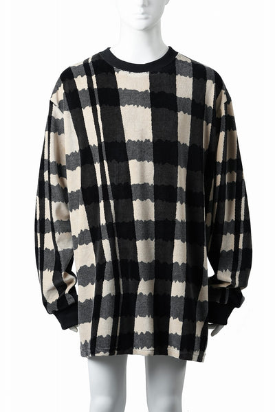 A.F ARTEFACT CREW NECK LONG PULLOVER / JACQUARD DEFORMED PLAID VELOR (BLACK x GREY x IVORY)