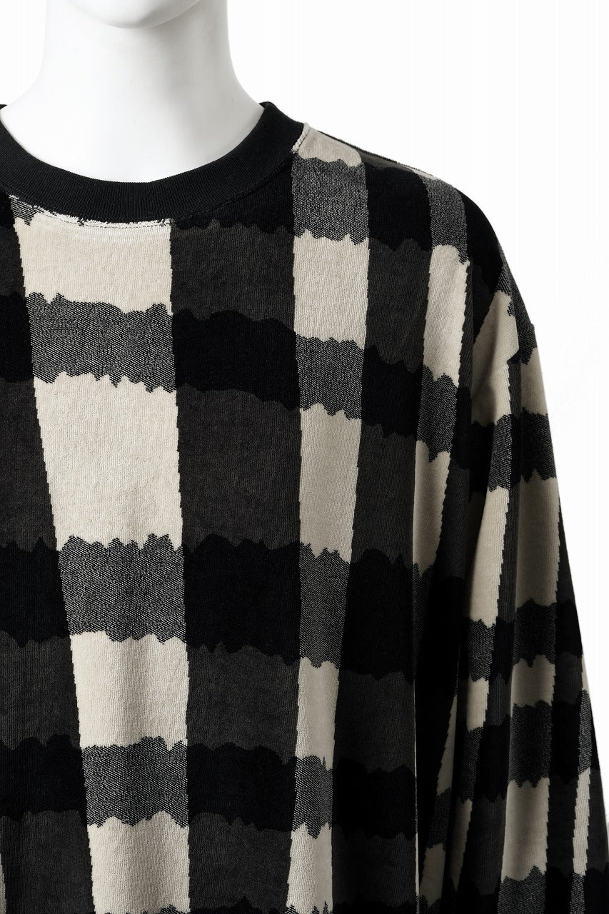 画像をギャラリービューアに読み込む, A.F ARTEFACT CREW NECK LONG PULLOVER / JACQUARD DEFORMED PLAID VELOR (BLACK x GREY x IVORY)