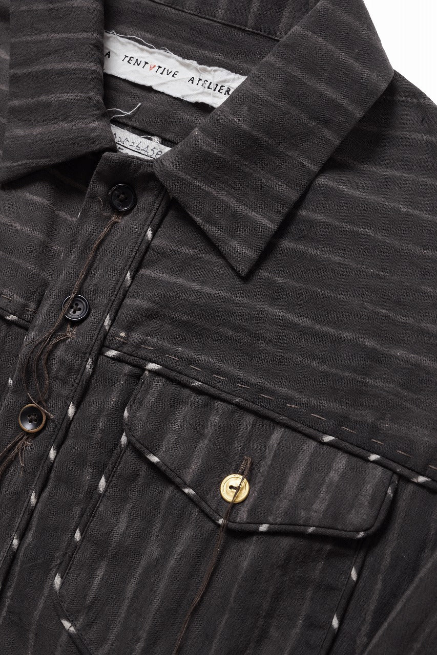 画像をギャラリービューアに読み込む, A TENTATIVE ATELIER Abel G. PIPING POCKET WORKER SHIRT (BROWN GREY STRIPES)