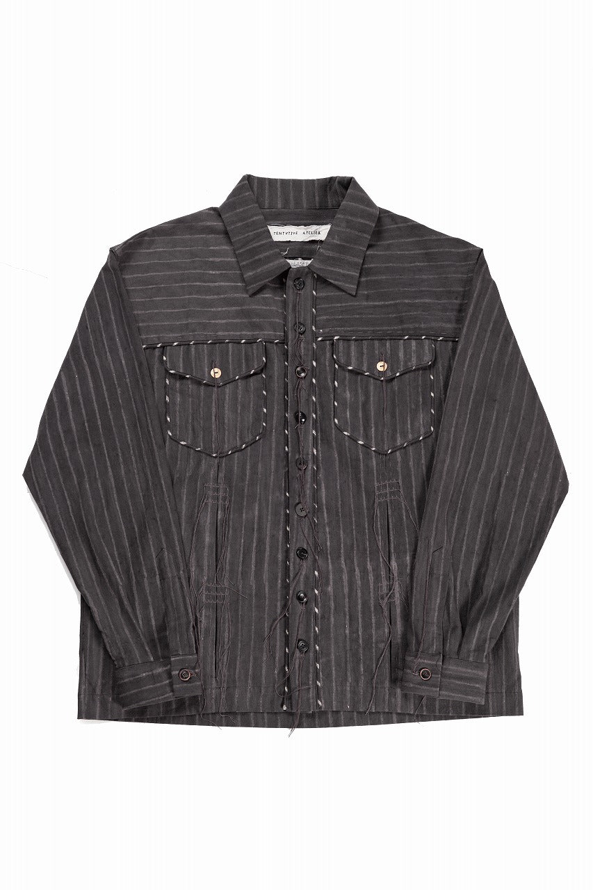 画像をギャラリービューアに読み込む, A TENTATIVE ATELIER Abel G. PIPING POCKET WORKER SHIRT (BROWN GREY STRIPES)