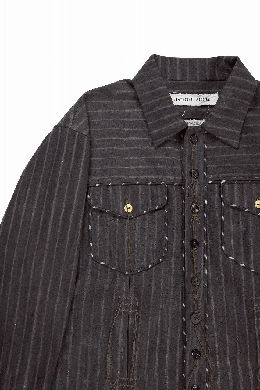 画像をギャラリービューアに読み込む, A TENTATIVE ATELIER Abel G. PIPING POCKET WORKER SHIRT (BROWN GREY STRIPES)