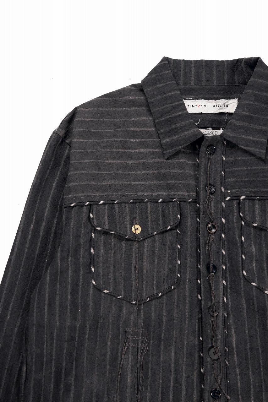 画像をギャラリービューアに読み込む, A TENTATIVE ATELIER Abel G. PIPING POCKET WORKER SHIRT (BROWN GREY STRIPES)