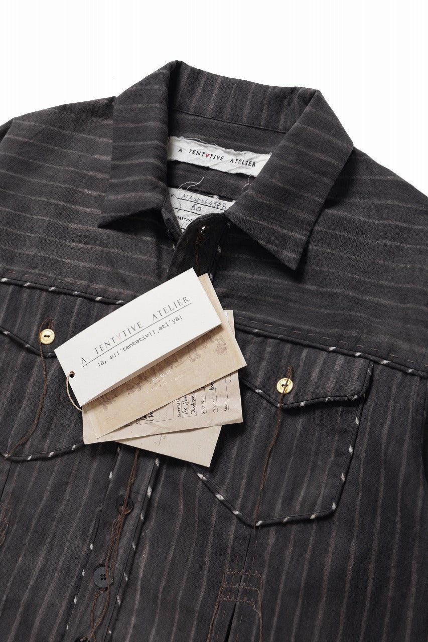 画像をギャラリービューアに読み込む, A TENTATIVE ATELIER Abel G. PIPING POCKET WORKER SHIRT (BROWN GREY STRIPES)