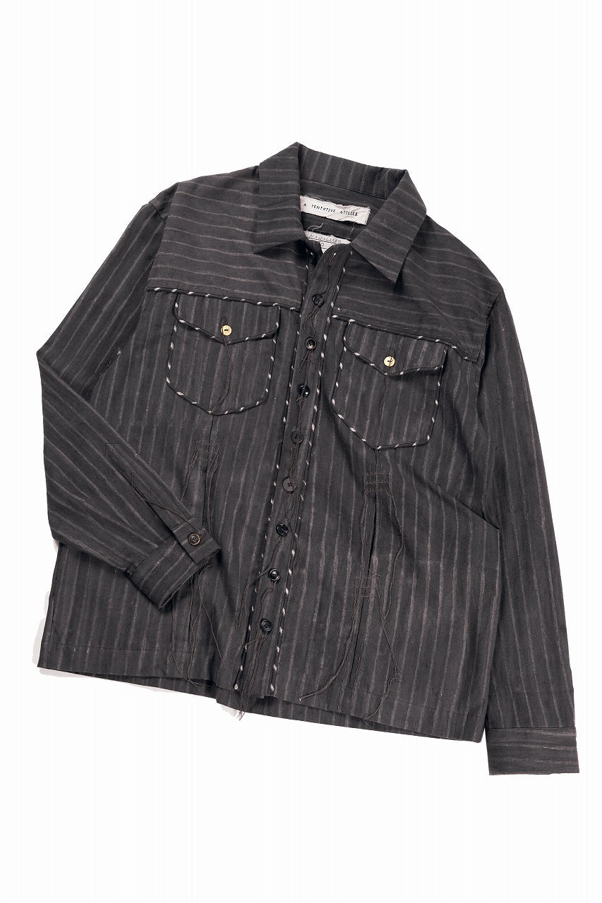 画像をギャラリービューアに読み込む, A TENTATIVE ATELIER Abel G. PIPING POCKET WORKER SHIRT (BROWN GREY STRIPES)