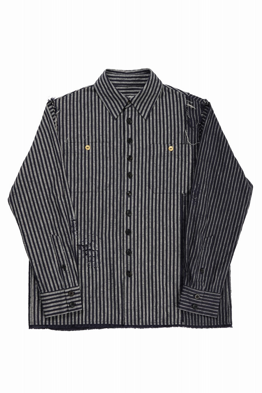 A TENTATIVE ATELIER Avis N. DISTRESSED PATCH STRIPES SHIRT (NAVY)