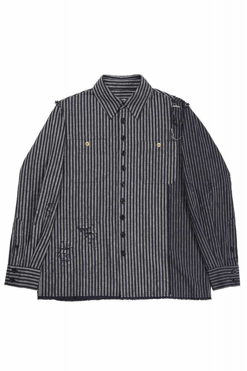 画像をギャラリービューアに読み込む, A TENTATIVE ATELIER Avis N. DISTRESSED PATCH STRIPES SHIRT (NAVY)