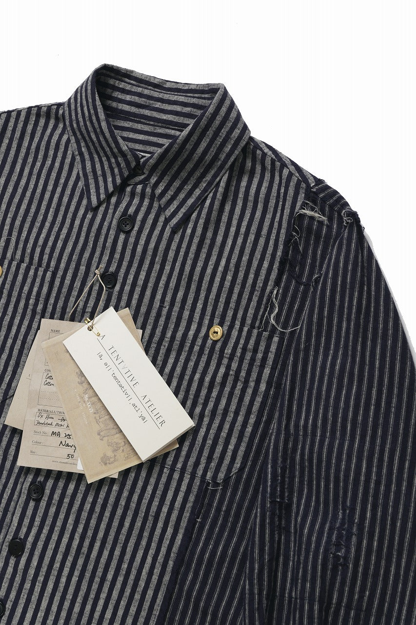 画像をギャラリービューアに読み込む, A TENTATIVE ATELIER Avis N. DISTRESSED PATCH STRIPES SHIRT (NAVY)