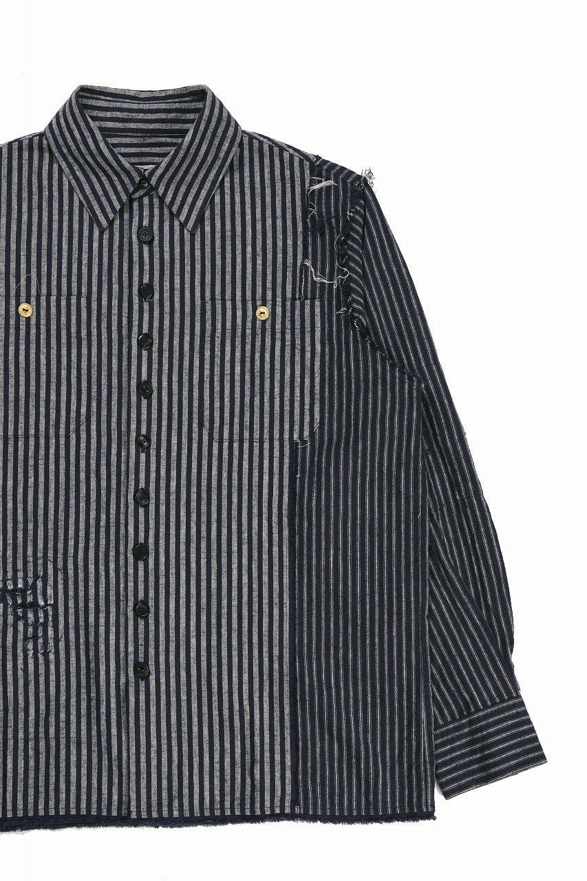 画像をギャラリービューアに読み込む, A TENTATIVE ATELIER Avis N. DISTRESSED PATCH STRIPES SHIRT (NAVY)