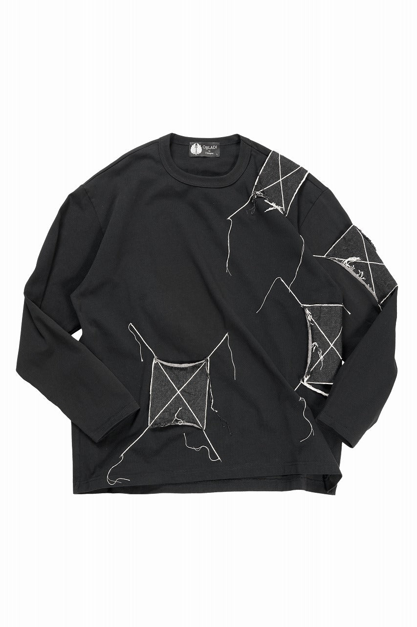 画像をギャラリービューアに読み込む, OBLADI DENIM RECTANGLE PATCHWORK LONG SLEEVES T-SHIRT (BLACK)
