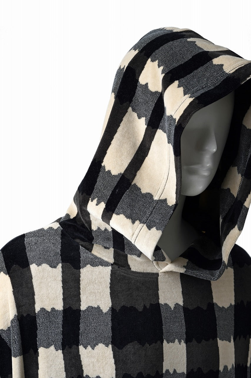 画像をギャラリービューアに読み込む, A.F ARTEFACT HOODED TOP / JACQUARD DEFORMED PLAID VELOR (BLACK x GREY x IVORY)