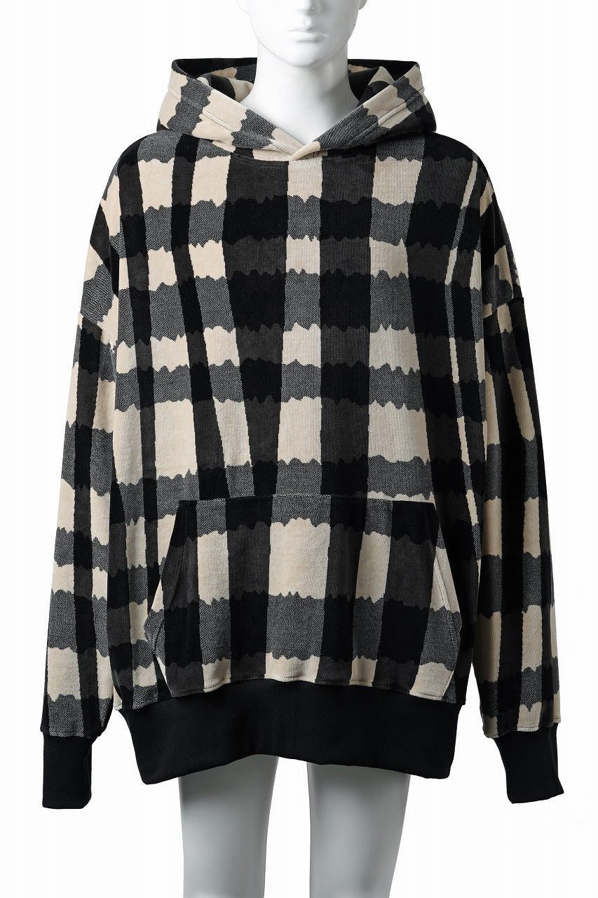 A.F ARTEFACT HOODED TOP / JACQUARD DEFORMED PLAID VELOR (BLACK x GREY x IVORY)