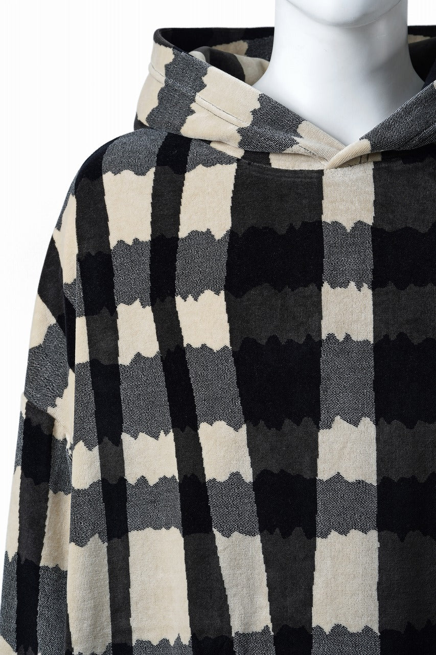 画像をギャラリービューアに読み込む, A.F ARTEFACT HOODED TOP / JACQUARD DEFORMED PLAID VELOR (BLACK x GREY x IVORY)
