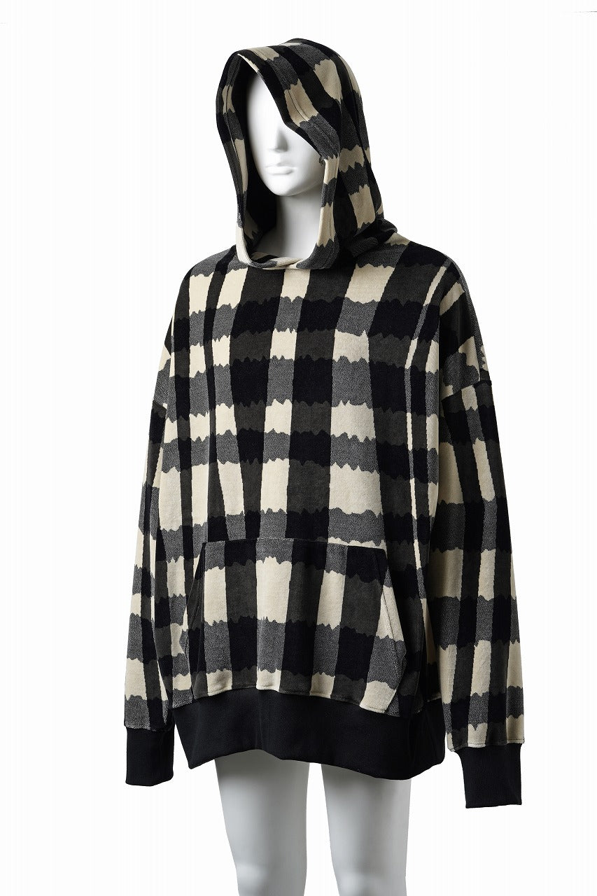 画像をギャラリービューアに読み込む, A.F ARTEFACT HOODED TOP / JACQUARD DEFORMED PLAID VELOR (BLACK x GREY x IVORY)