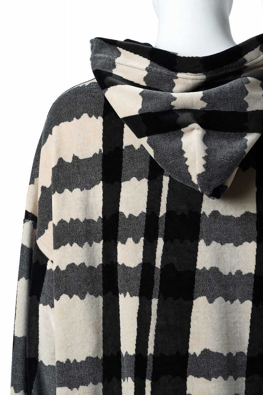 画像をギャラリービューアに読み込む, A.F ARTEFACT HOODED TOP / JACQUARD DEFORMED PLAID VELOR (BLACK x GREY x IVORY)