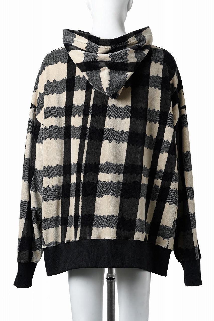 画像をギャラリービューアに読み込む, A.F ARTEFACT HOODED TOP / JACQUARD DEFORMED PLAID VELOR (BLACK x GREY x IVORY)