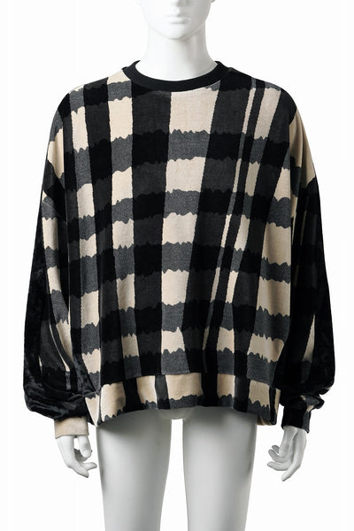 A.F ARTEFACT SWITCHING PULLOVER / JACQUARD DEFORMED PLAID VELOR (BLACK x GREY x IVORY)