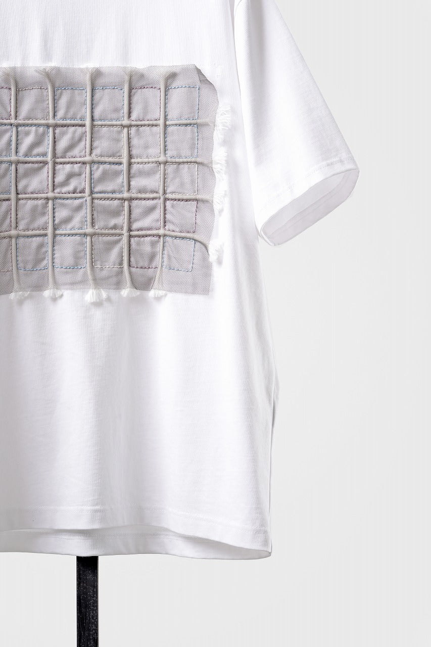 Load image into Gallery viewer, OBLADI WHITE T-SHIRT WITH GREEN-PURPLE CRISSCROSS SQUARE STITCHES ON MESH (WHITE)