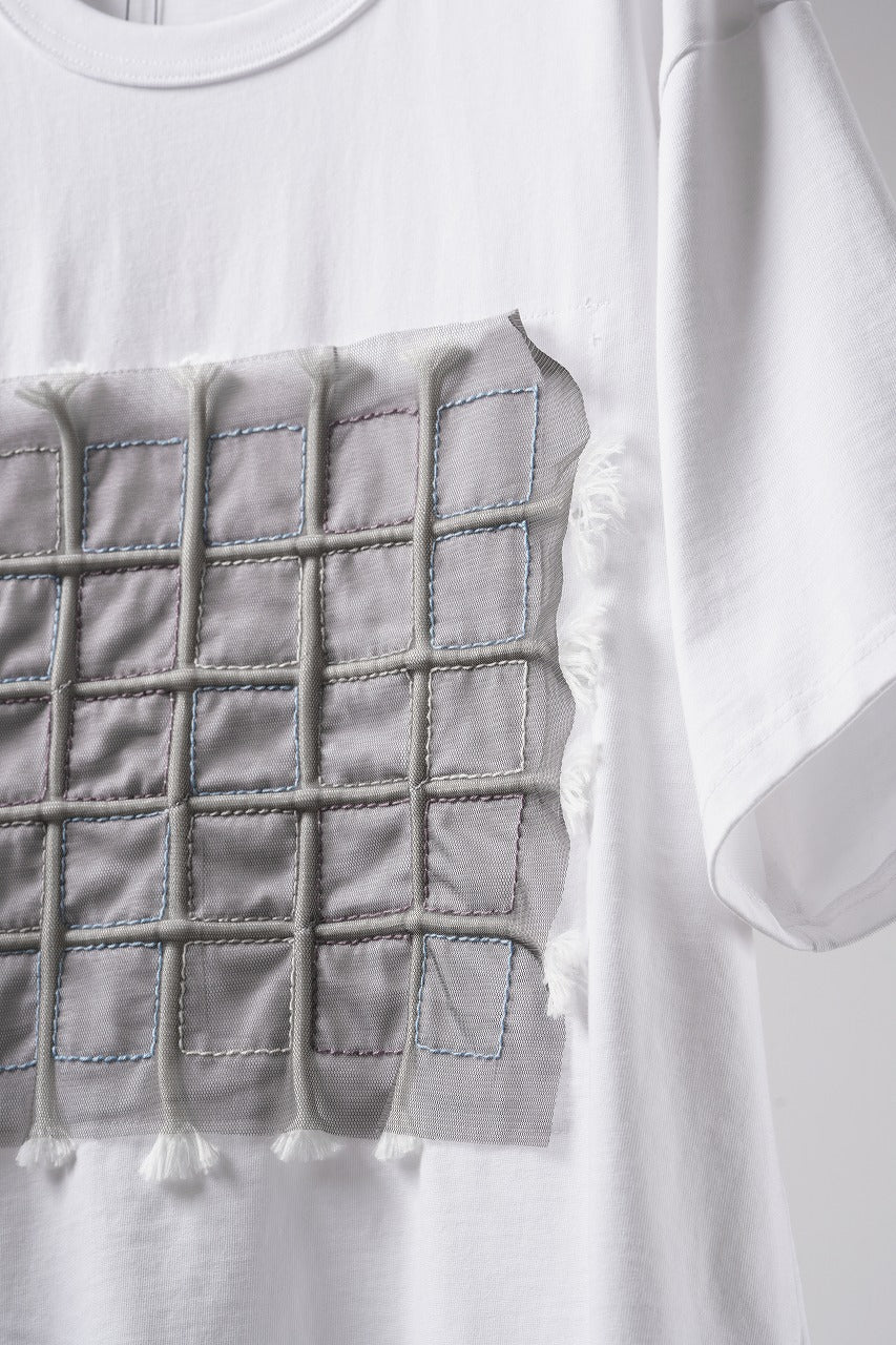 Load image into Gallery viewer, OBLADI WHITE T-SHIRT WITH GREEN-PURPLE CRISSCROSS SQUARE STITCHES ON MESH (WHITE)