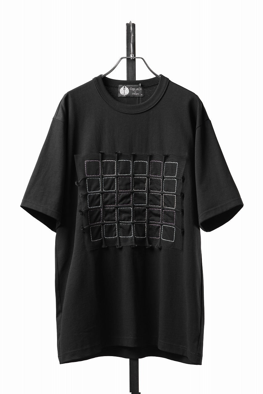 Load image into Gallery viewer, OBLADI BLACK T-SHIRT WITH GREEN-PURPLE CRISSCROSS SQUARE STITCHES ON MESH (BLACK)