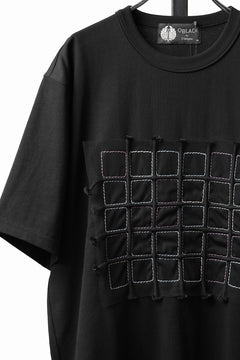 Load image into Gallery viewer, OBLADI BLACK T-SHIRT WITH GREEN-PURPLE CRISSCROSS SQUARE STITCHES ON MESH (BLACK)