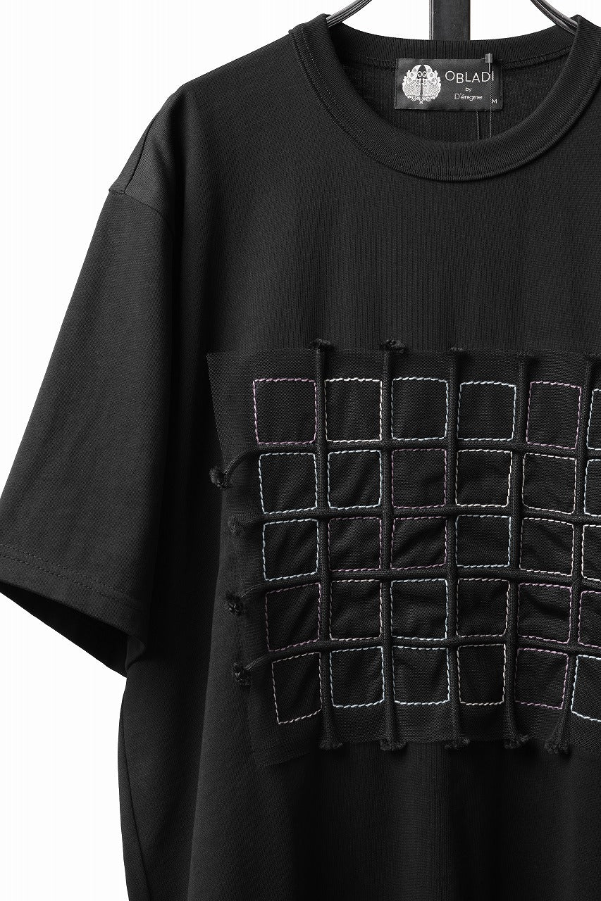 Load image into Gallery viewer, OBLADI BLACK T-SHIRT WITH GREEN-PURPLE CRISSCROSS SQUARE STITCHES ON MESH (BLACK)