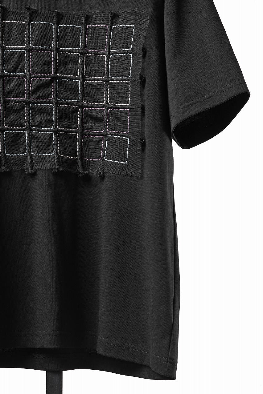 Load image into Gallery viewer, OBLADI BLACK T-SHIRT WITH GREEN-PURPLE CRISSCROSS SQUARE STITCHES ON MESH (BLACK)