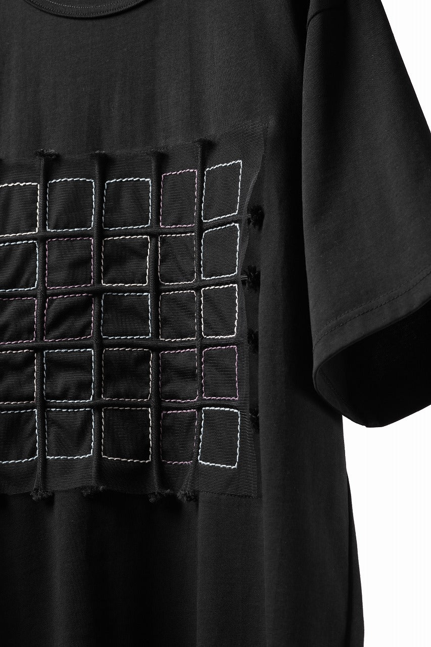 Load image into Gallery viewer, OBLADI BLACK T-SHIRT WITH GREEN-PURPLE CRISSCROSS SQUARE STITCHES ON MESH (BLACK)