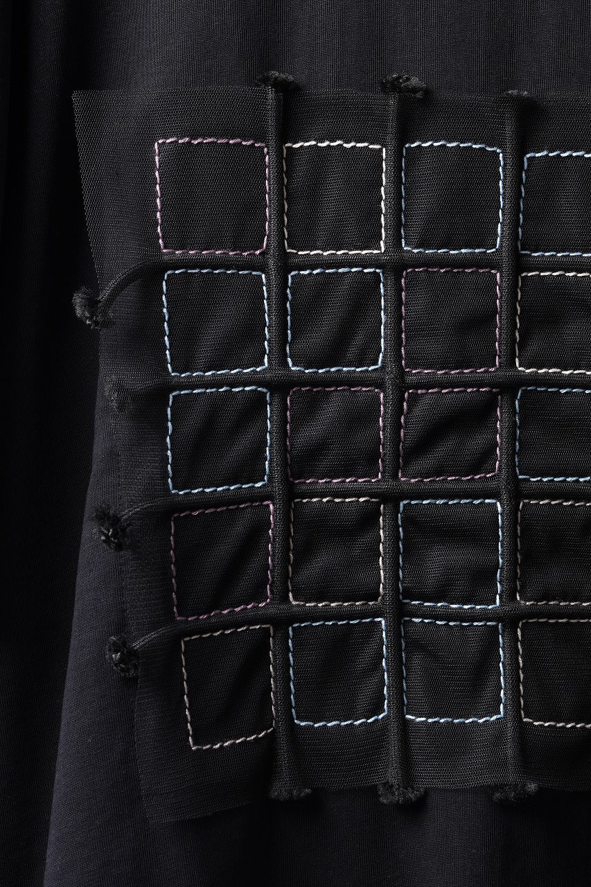 Load image into Gallery viewer, OBLADI BLACK T-SHIRT WITH GREEN-PURPLE CRISSCROSS SQUARE STITCHES ON MESH (BLACK)