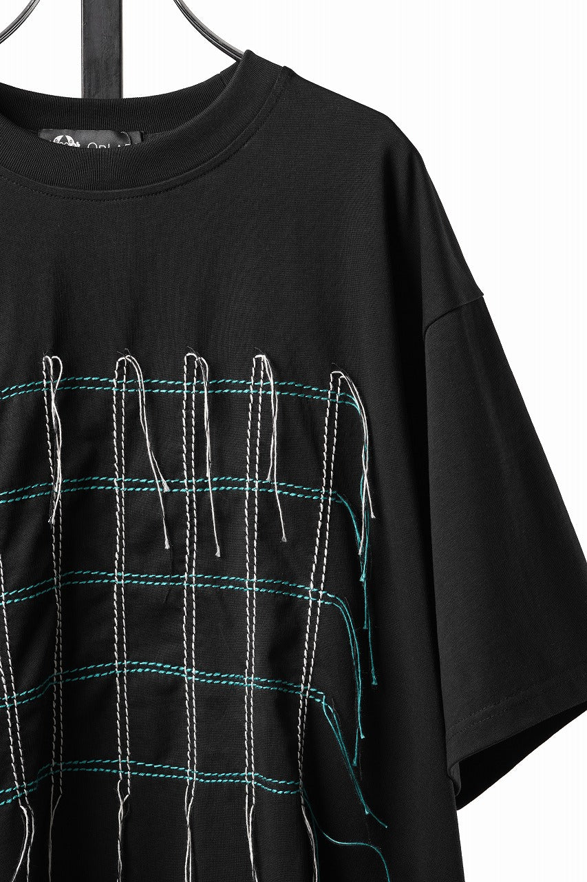 Load image into Gallery viewer, OBLADI GREEN &amp; BEIGE GRID STITCHES ON BLACK T-SHIRT (BLACK)