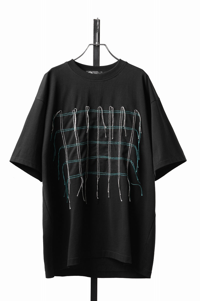 Load image into Gallery viewer, OBLADI GREEN &amp; BEIGE GRID STITCHES ON BLACK T-SHIRT (BLACK)
