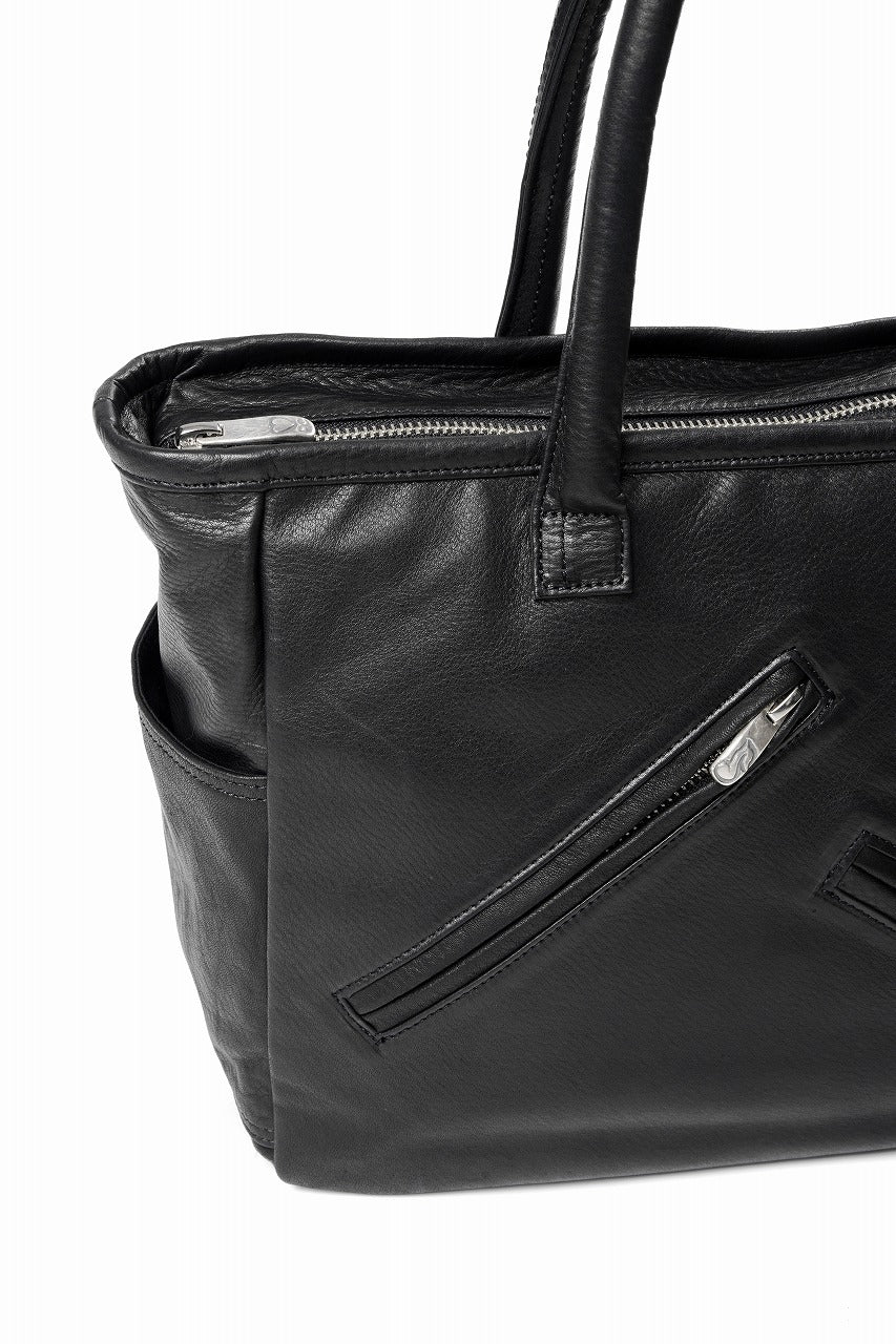 Load image into Gallery viewer, PORTER CLASSIC PC RIDERS LEATHER TOTE BAG M W / SILVER ZIPPER (BLACK)