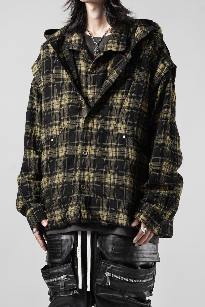 A.F ARTEFACT LAYERED HOODIE SHIRTS / PLAID PATTERNED (BLACK×YELLOW)