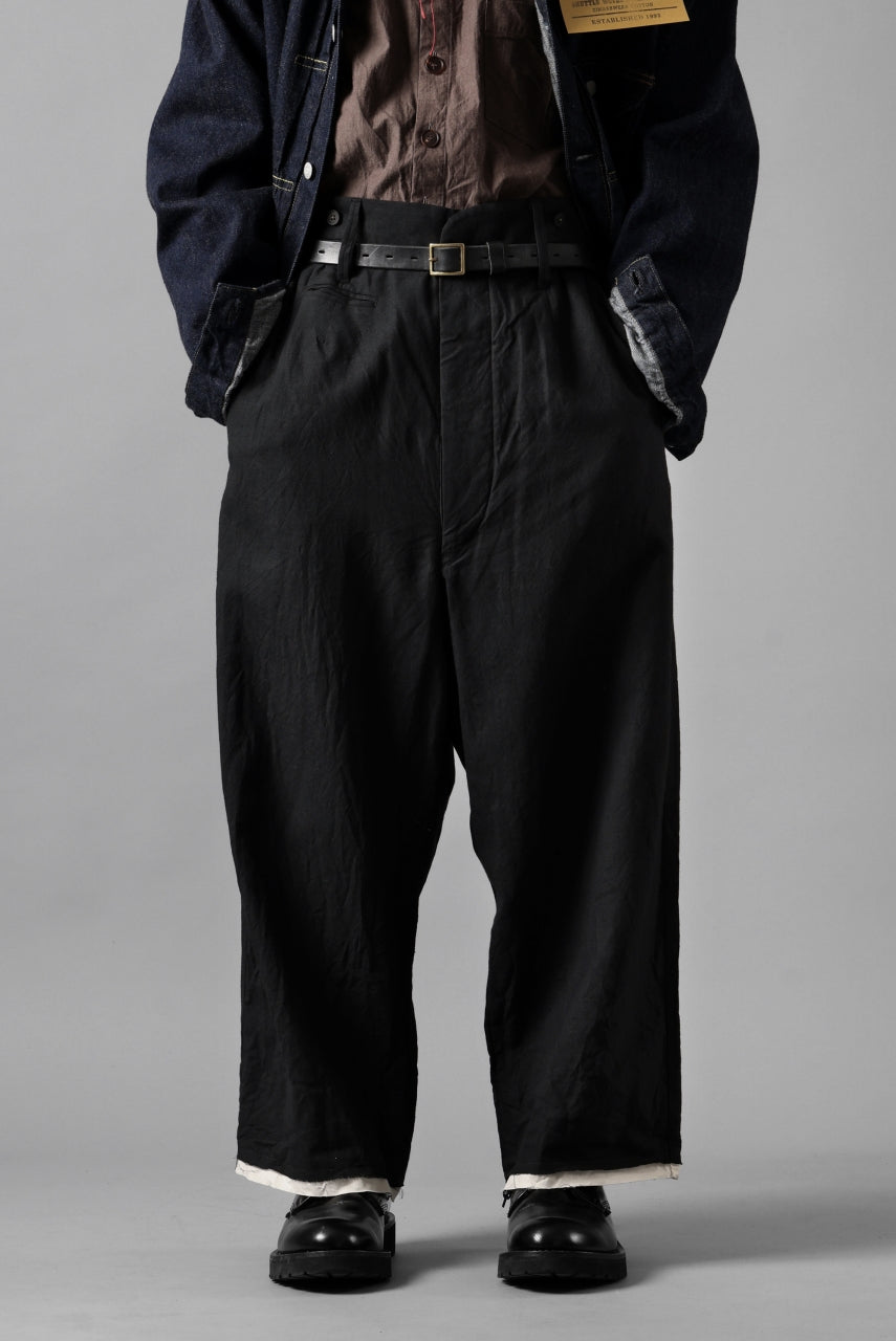 KLASICA "GALWAY" CUT OFF BOLD STRAIGHT TROUSERS / "END ON END" SUPER 120's WOOL x HEMP (MATT BLACK)