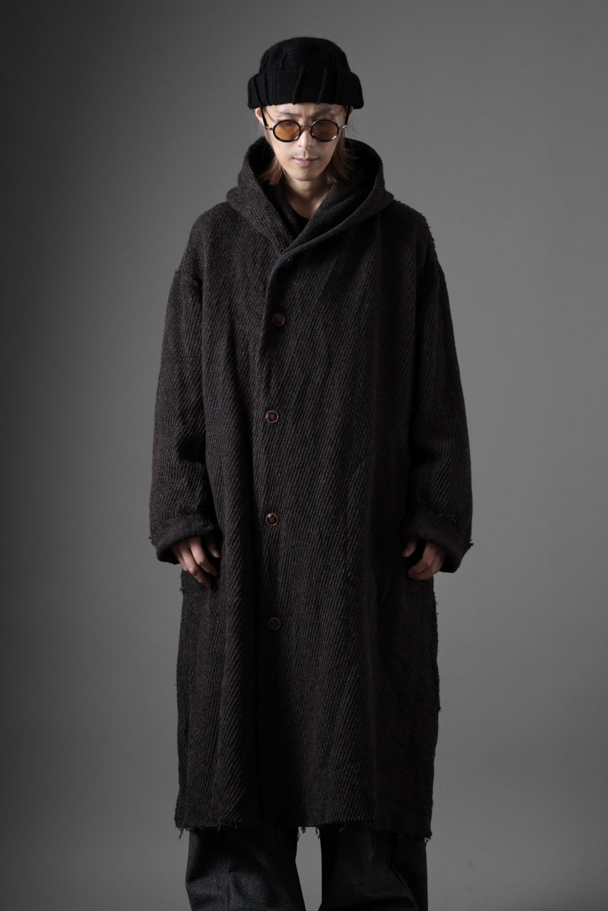 YUTA MATSUOKA hoodie gown coat / wool linen kersey (dark brown)