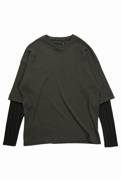 A.F ARTEFACT LAYERED CREW NECK TOP / WAFFLE KNIT JERSEY (KHAKI)