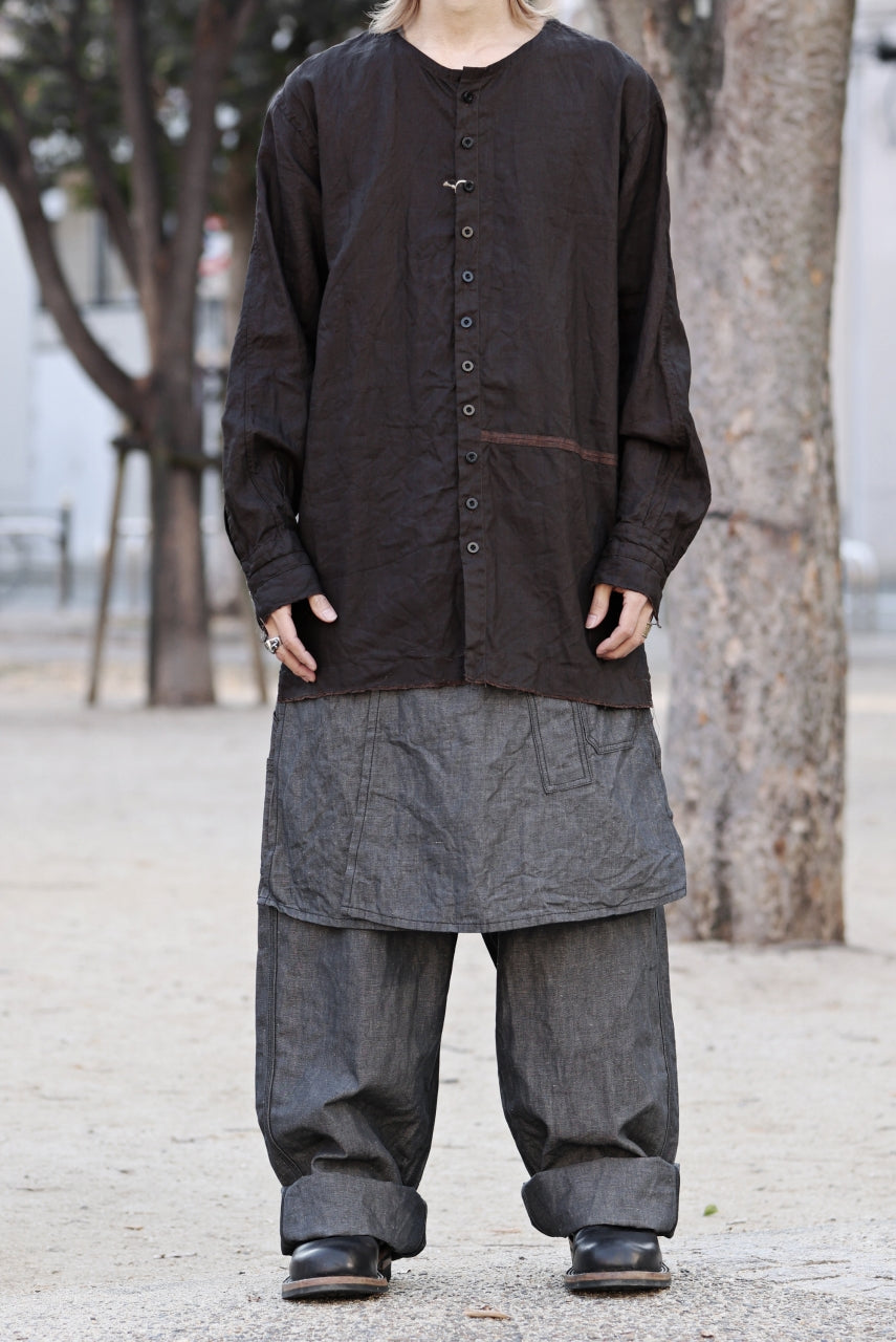 KLASICA "SH-044" SPLIT RAGLAN COLLAR LESS SHIRTS / BENGARA & SUMI COATED LINEN (BENGARA)